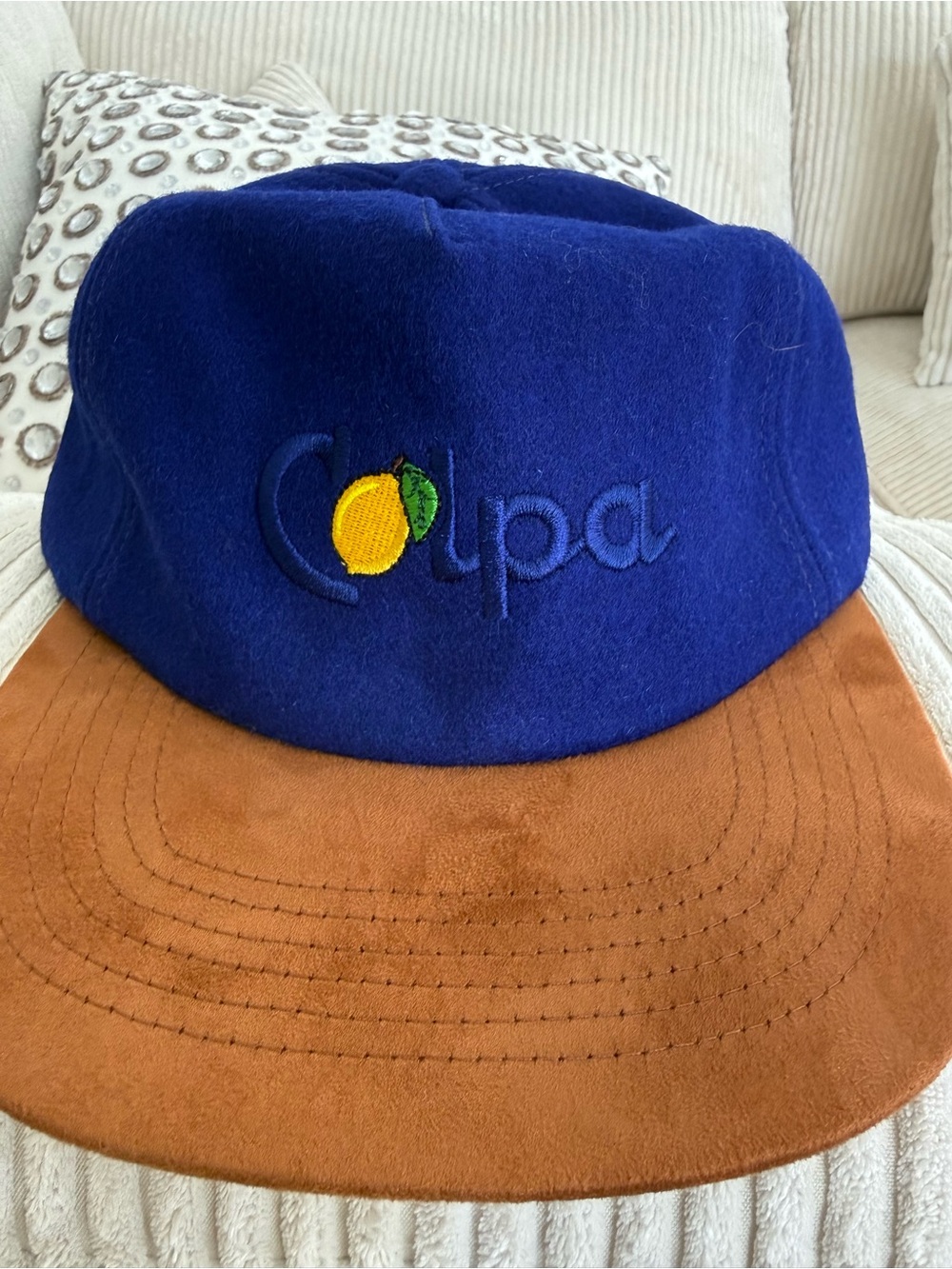 Blue & Brown Suede-Trim Cap with Lemon Embroidery